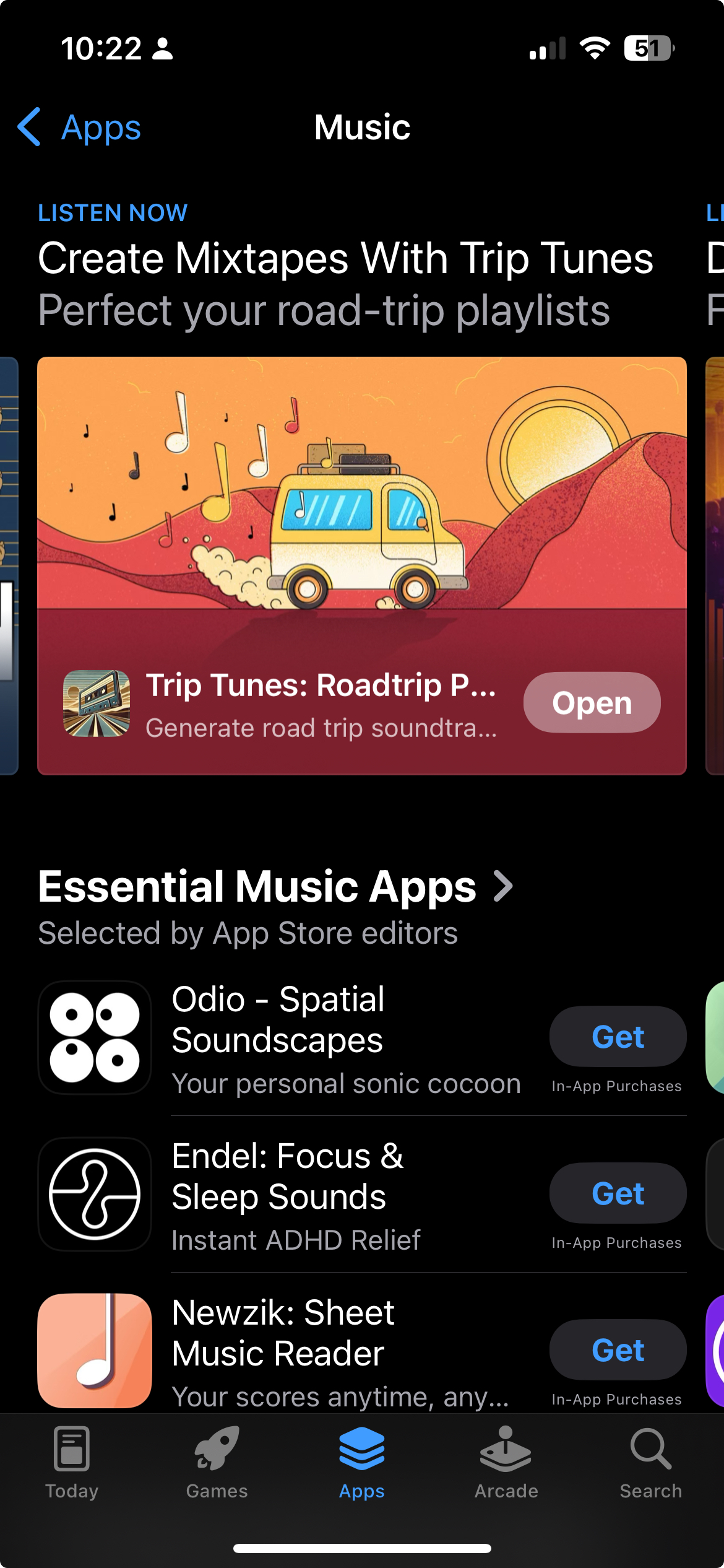 Trip Tunes featured by Apple in the App Store — “Create Mixtapes With Trip Tunes,” Apps tab Listen Now