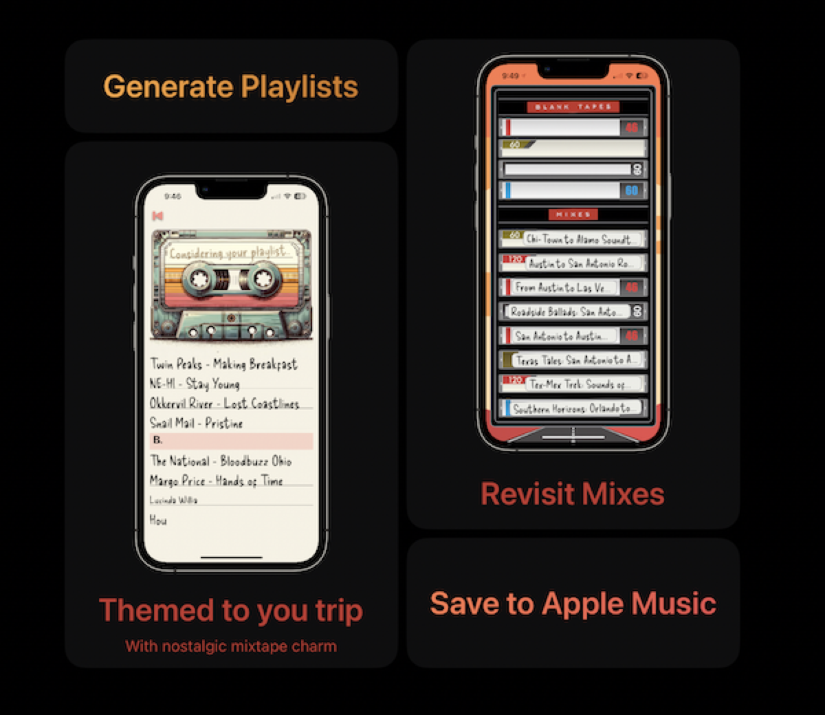 Trip Tunes features at a glance: generate playlists, themed to your trip, revisit mixes, save to Apple Music